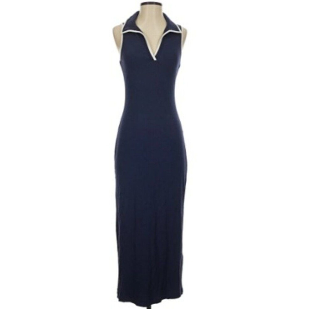 NWT House of Harlow 1960 Polo Maxi Dress size Small Navy Blue Cream Ribbed